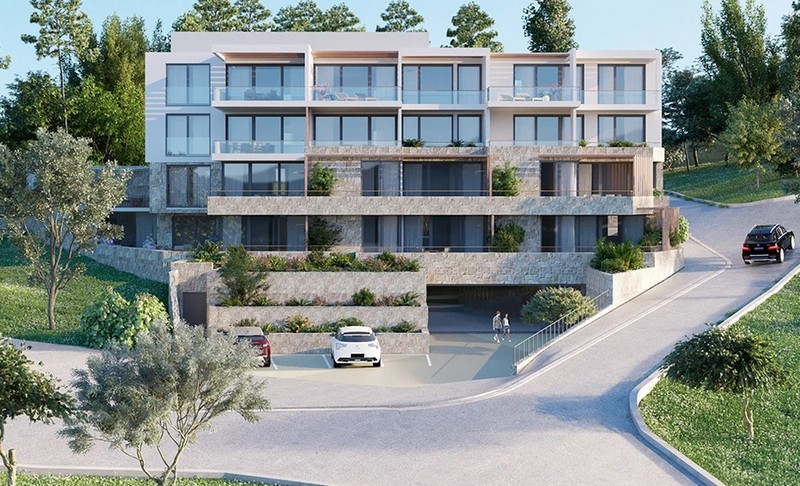 Vue sur le jardin et la piscine de la résidence d'appartements - appartement à vendre Croatie.
