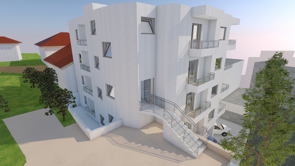 Visualisation de l'immeuble d'habitation avec balcons et escalier extérieur