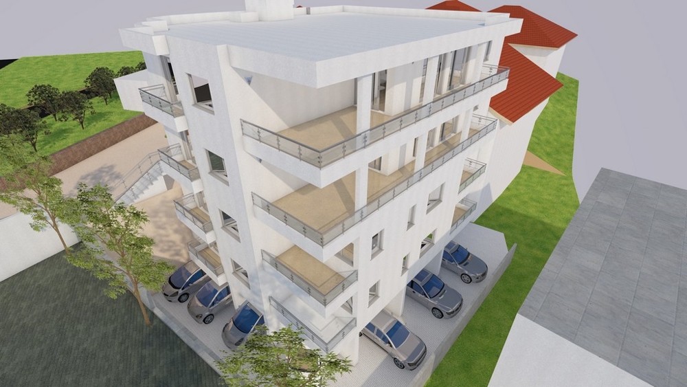 Visualisation de la construction neuve vue d'en haut avec balcons et places de stationnement