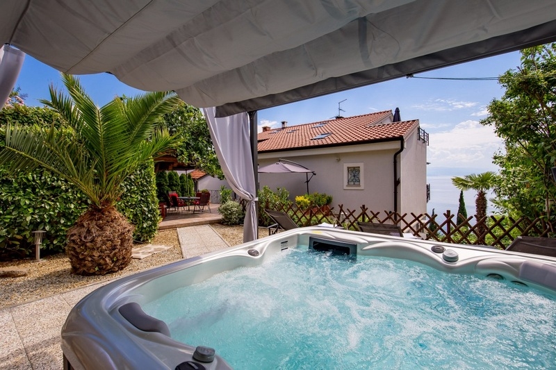 Jacuzzi dans le jardin avec palmier et vue sur la mer