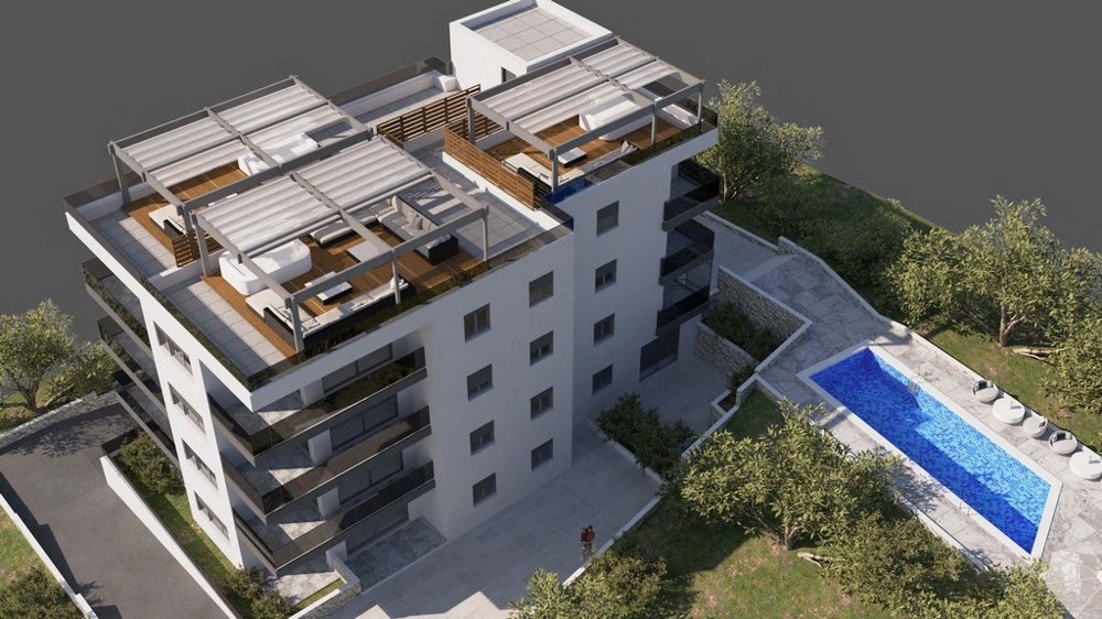 Visualisation vue d'en haut avec toits-terrasses et piscine dans le jardin