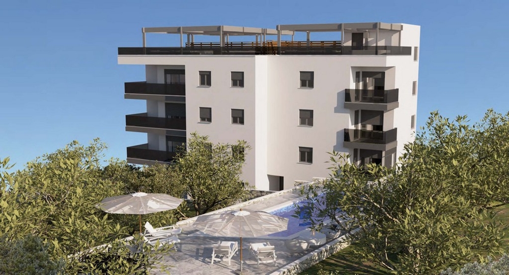 Visualisation avec piscine et parasols entre des oliviers