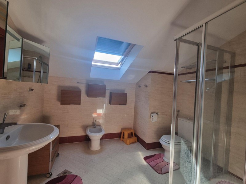 Salle de bains avec douche d'angle et fenêtre de toit au-dessus du bidet