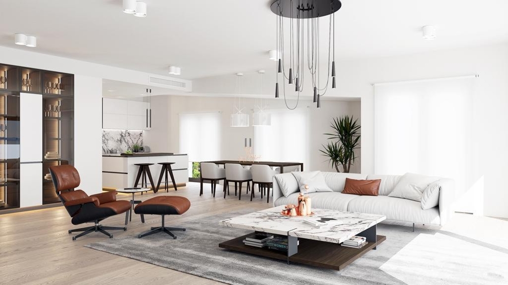 Séjour moderne avec cuisine ouverte et fauteuil lounge