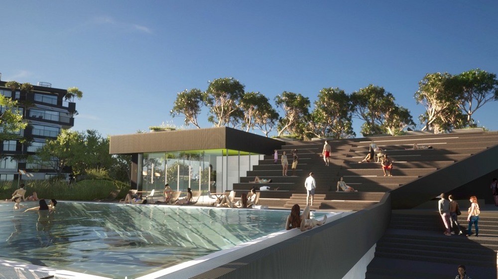 Visualisation de la piscine commune avec large escalier extérieur