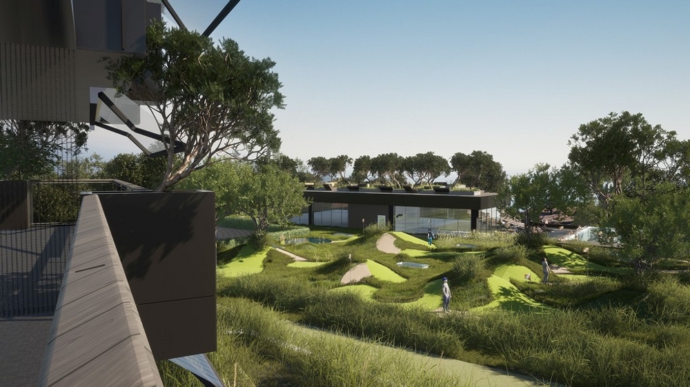 Visualisation du parc paysager vert devant la résidence
