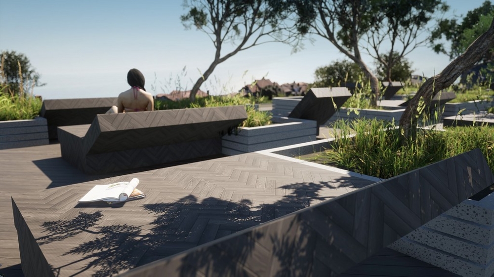 Visualisation de la terrasse en bois avec bancs au-dessus de la verdure