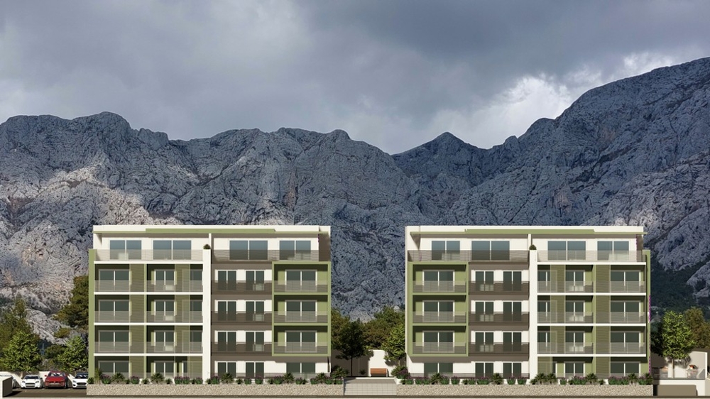 Visualisation de deux immeubles devant le massif du Biokovo