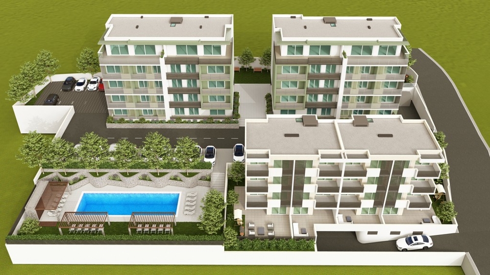 Visualisation du site avec piscine entre les bâtiments