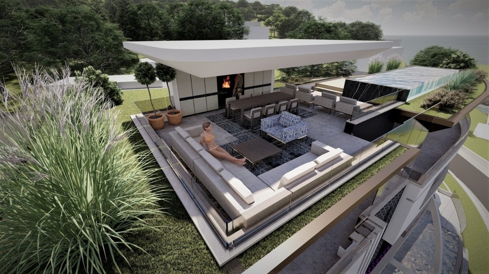 Visualisation du toit-terrasse avec lounge et cheminée