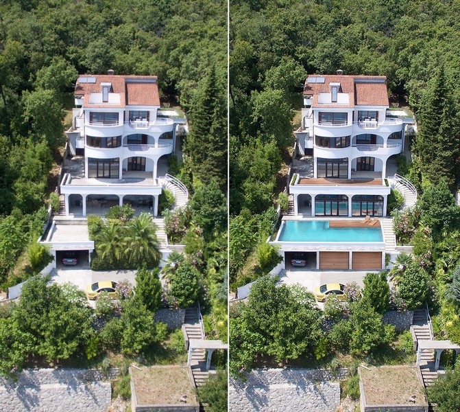 Deux vues de la maison, avec et sans la piscine prévue