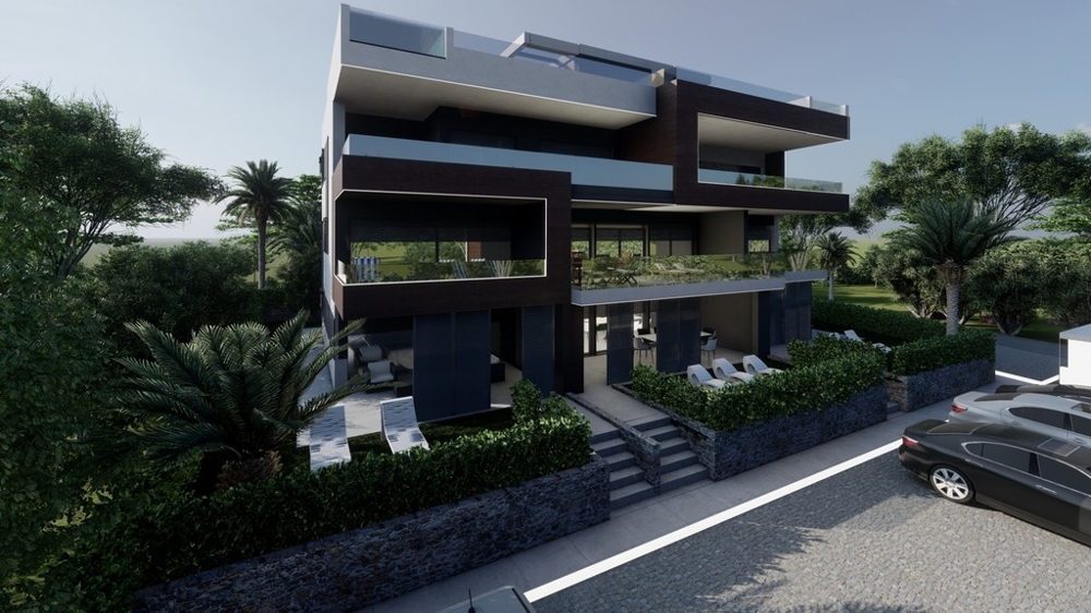 Visualisation de la maison depuis la rue avec des pins devant