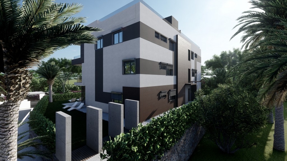 Visualisation du bâtiment clair entre des palmiers