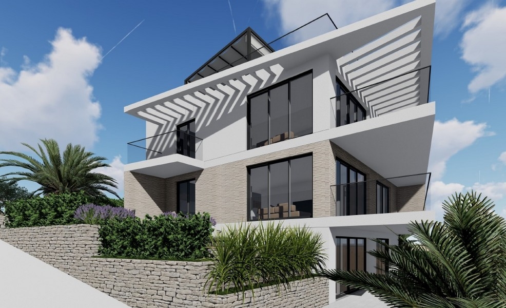 Visualisation de la maison avec pergolas et mur en pierre sèche
