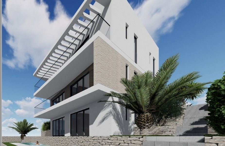 Visualisation de la maison avec escalier extérieur et palmiers