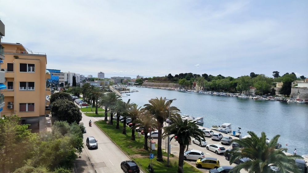 Vue sur le port depuis la promenade bordée de palmiers