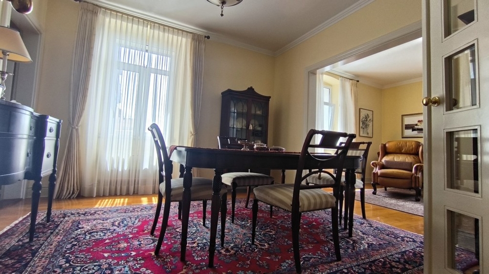 Séjour avec table à manger et tapis.