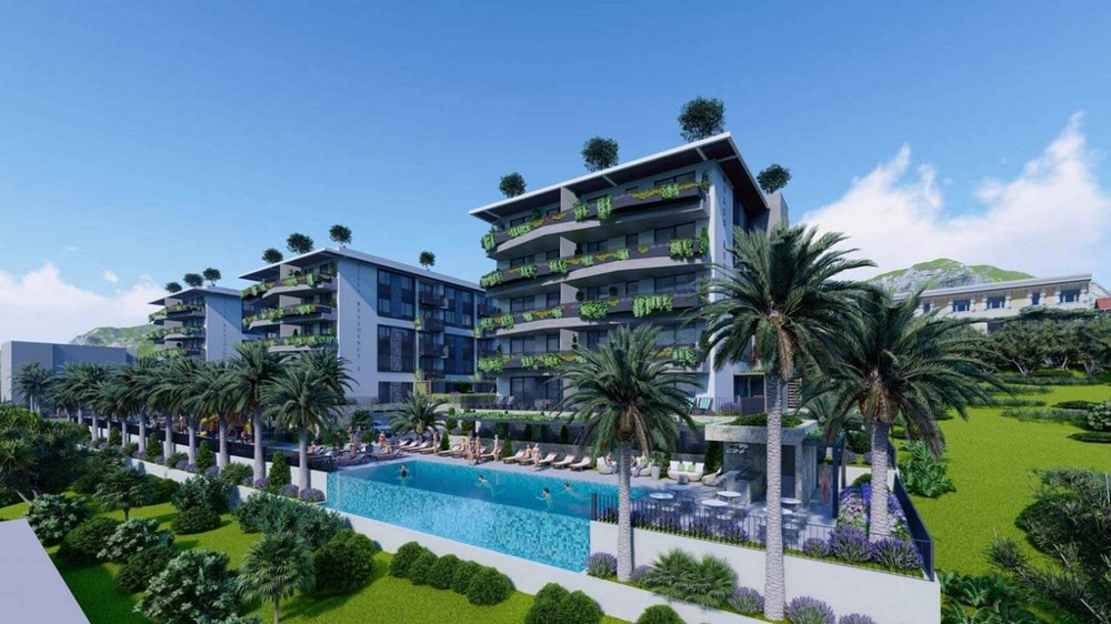 Ensemble résidentiel avec piscine commune et palmiers, Makarska
