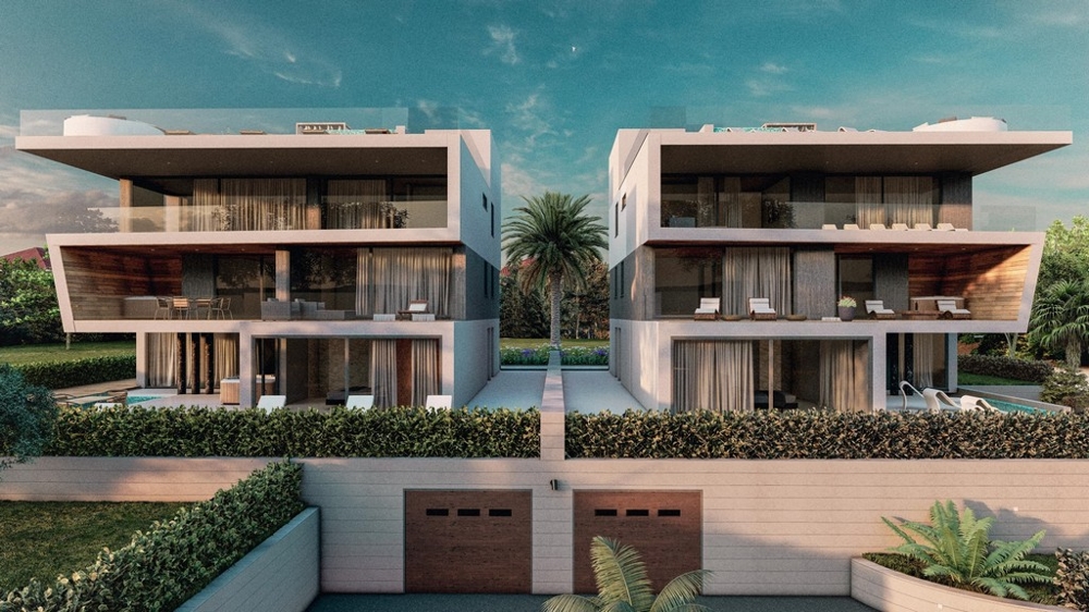 Visualisation de deux maisons avec palmier et garages entre elles