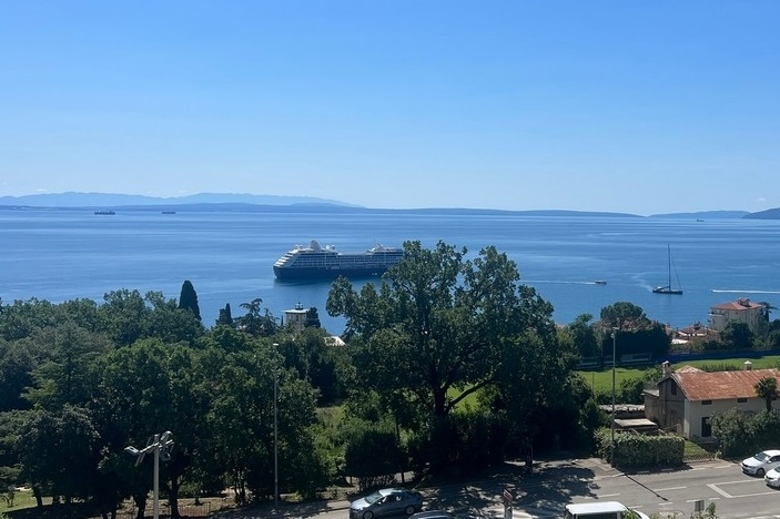 Vue panoramique sur la mer et un bateau de croisière depuis la terrasse du bien A3081.