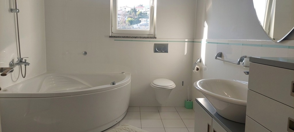 Salle de bains avec grande baignoire et fenêtre