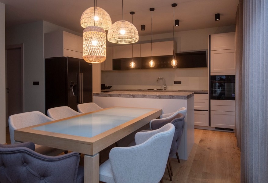 Coin repas et cuisine contemporains dans un appartement moderne