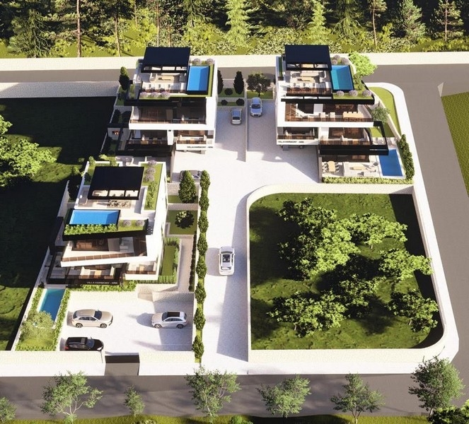 Vue de dessus d'une nouvelle résidence d'appartements en Croatie avec desserte centrale et espaces verts environnants – appartements neufs à vendre en Croatie.