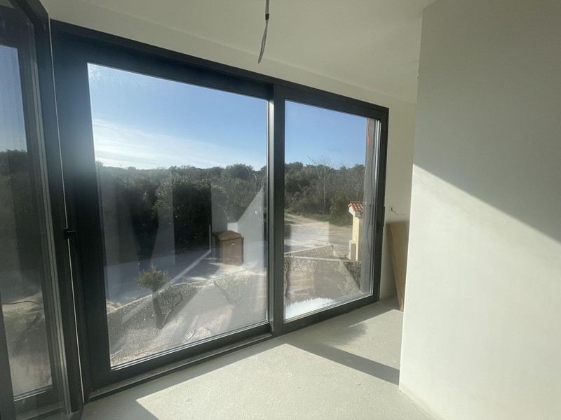 Grande porte coulissante avec vue sur l'accès et les buissons