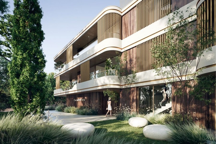 Visualisation de la façade en bois incurvée dans le jardin