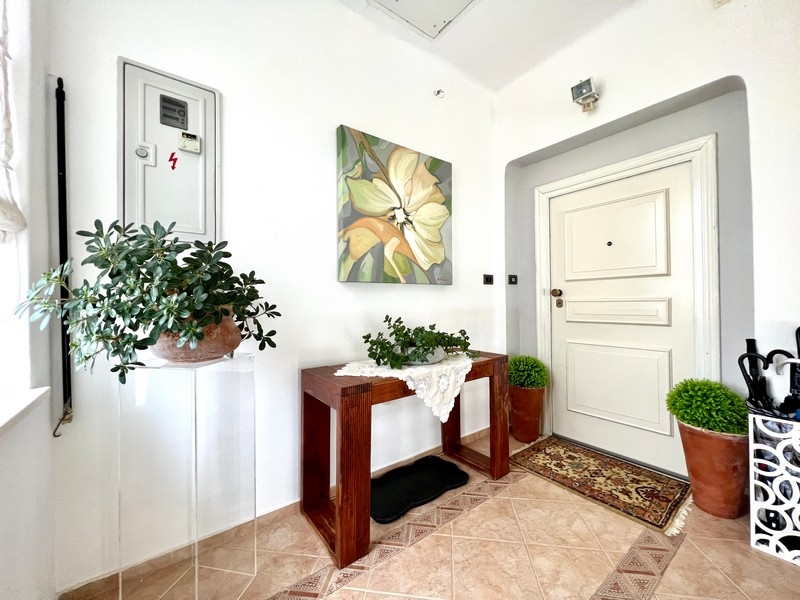 Entrée avec plantes et console en bois, tableau décoratif au mur