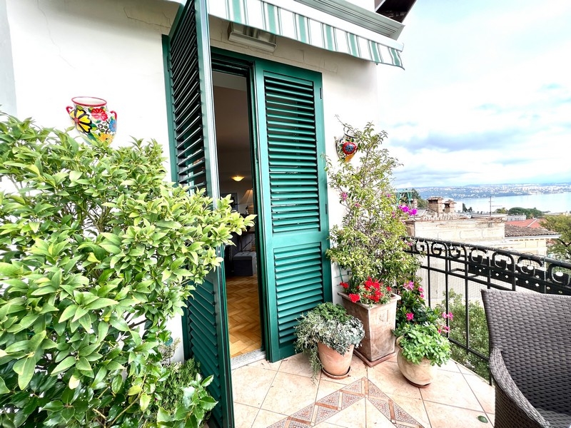 Balcon avec volets verts et plantes en pot au-dessus de la ville