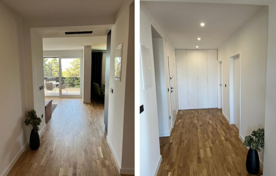 Couloir avec parquet, penderie et vue sur la terrasse