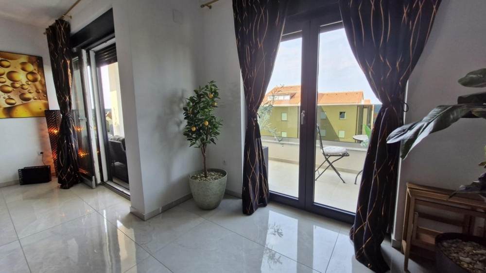 Vue sur deux portes de balcon avec rideaux, plante en pot dans l'angle