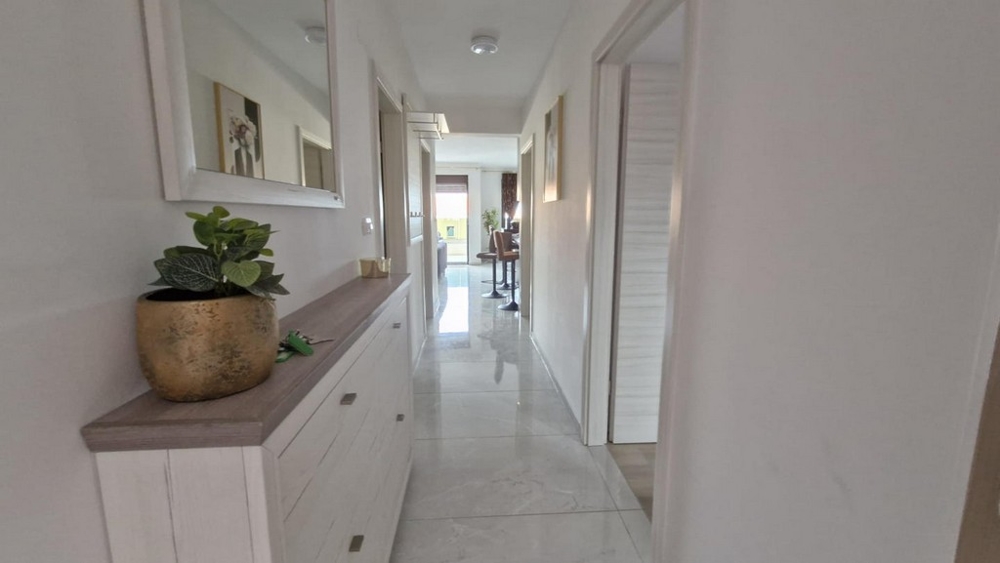 Couloir de l'appartement avec commode, miroir et plantes