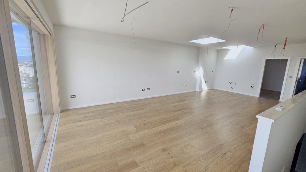 Séjour ouvert avec parquet et fenêtre de toit