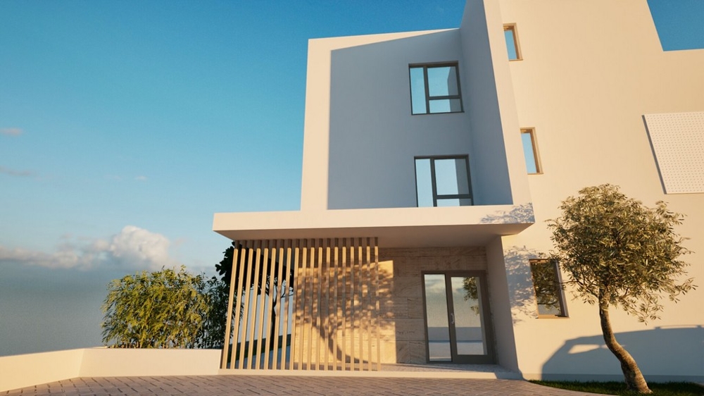 Visualisation de l'entrée de l'immeuble avec lames de bois, construction neuve A3577 à Vodice.