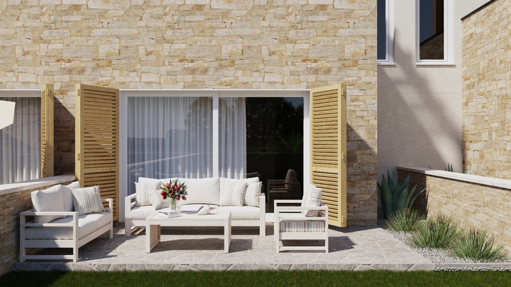 Terrasse meublée avec façade en pierre naturelle