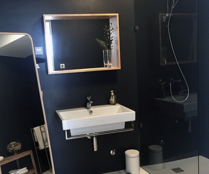 Salle de bains moderne avec mur noir et douche