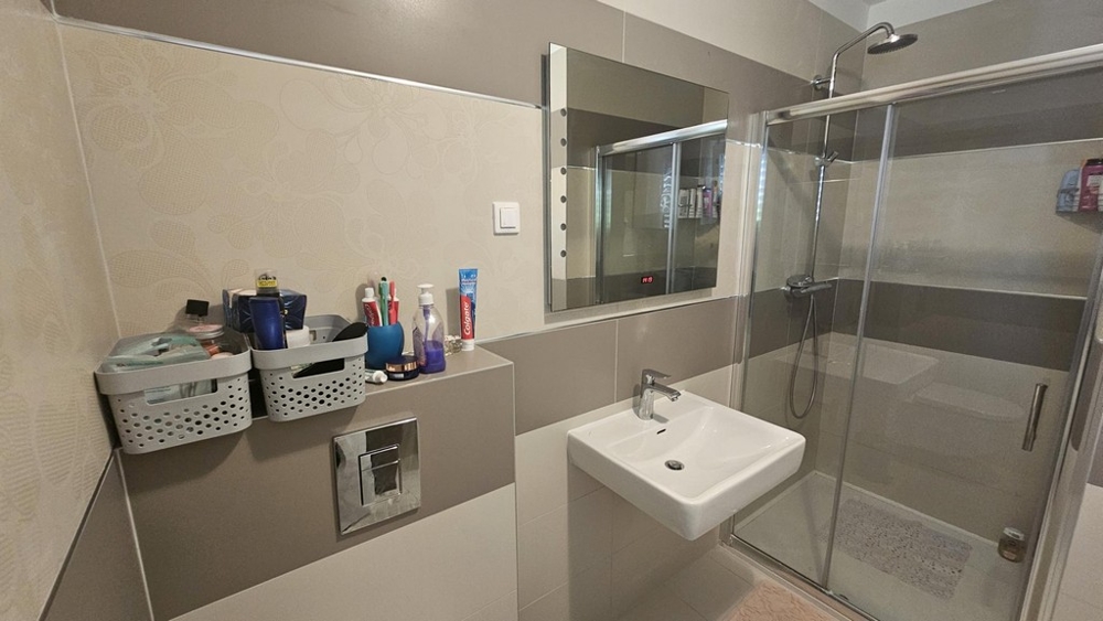 Salle de bains avec douche et meuble-lavabo