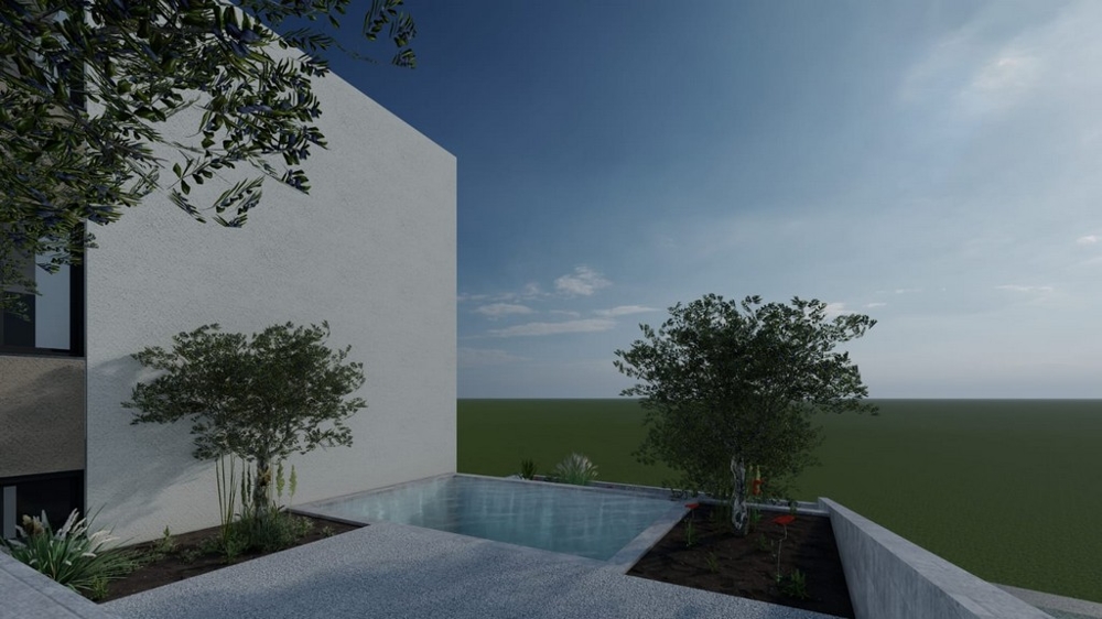 Espace piscine moderne avec végétation près de l'immeuble d'habitation