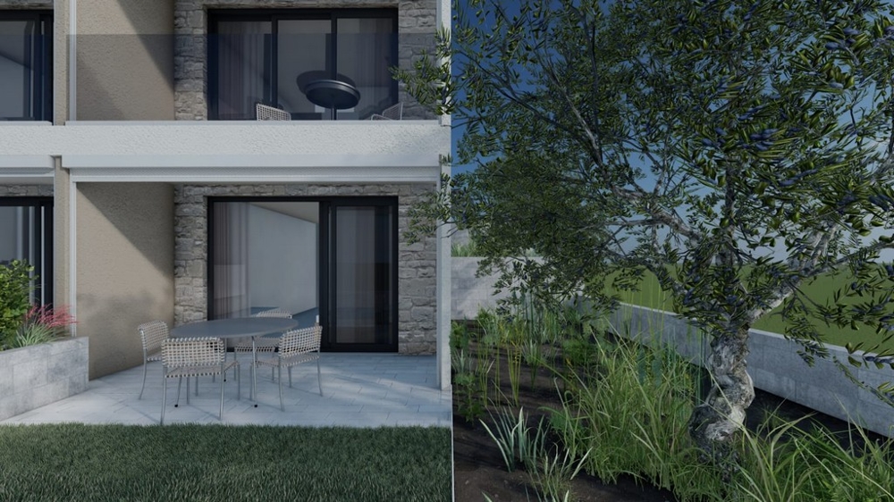 Terrasse au rez-de-chaussée avec mobilier de salon et jardin