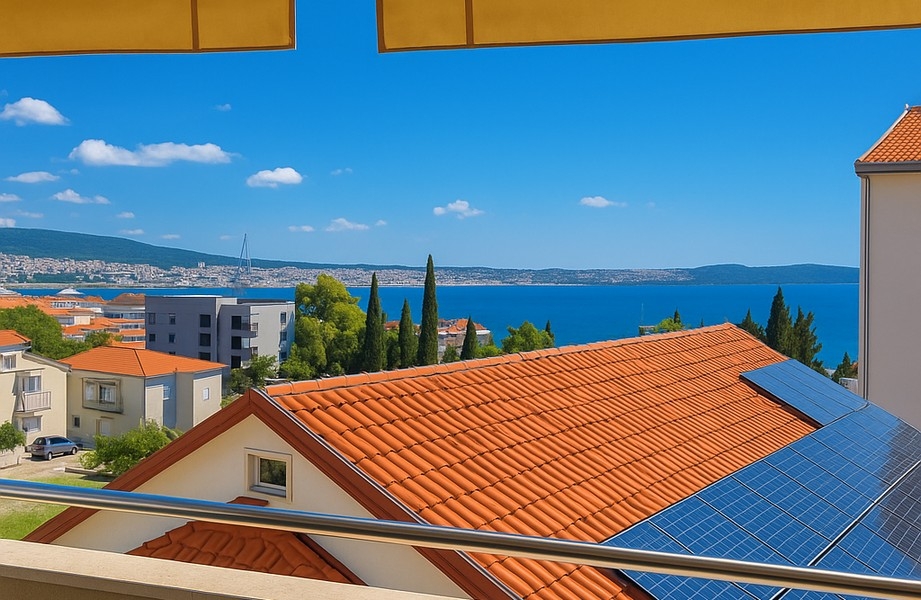 Toits de tuiles avec panneaux solaires et baie à l'arrière-plan