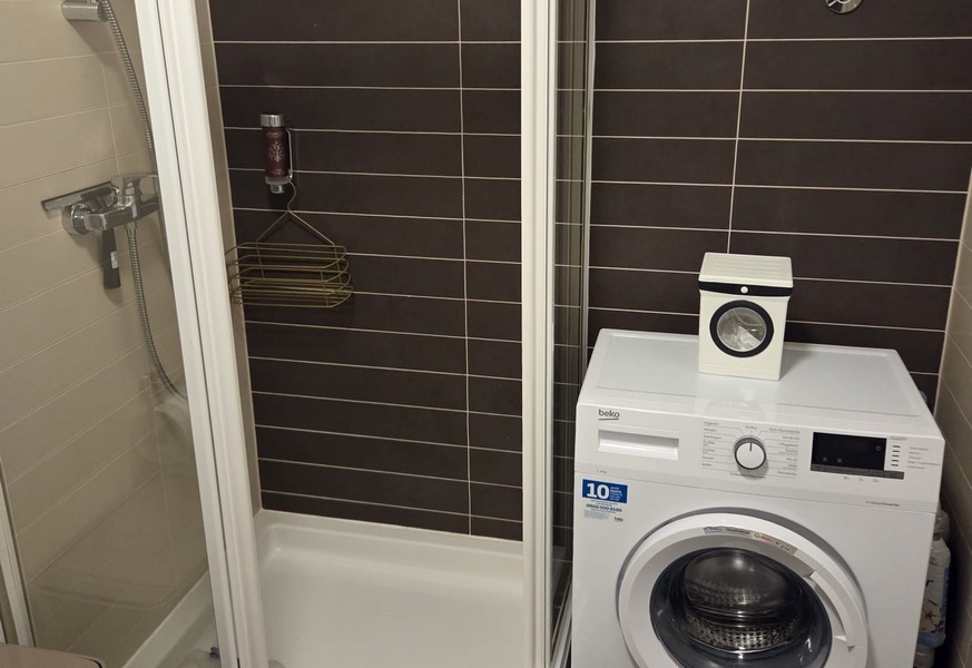 Salle de bains avec douche et lave-linge