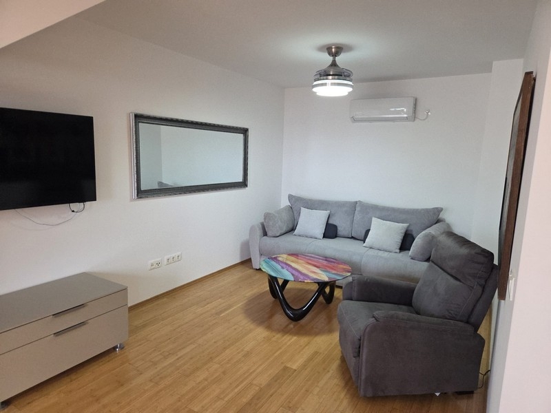 Séjour avec canapé gris, fauteuil et miroir mural