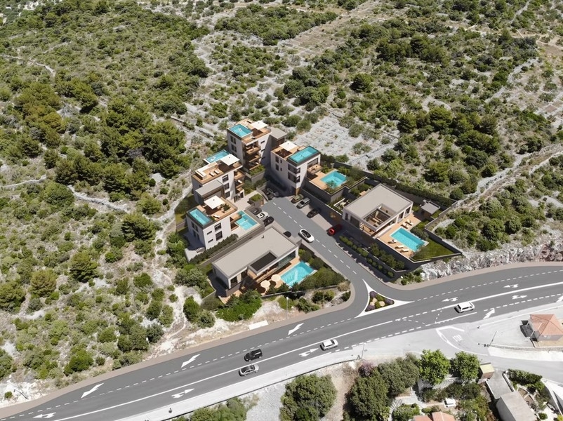 Visualisation du domaine avec plusieurs maisons et piscines