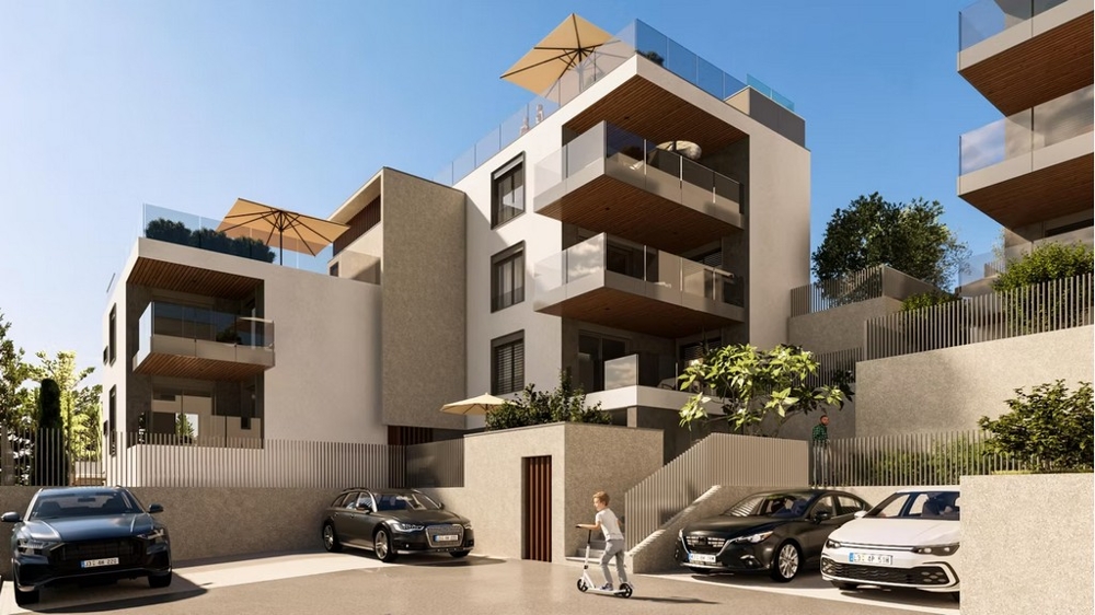 Visualisation des maisons avec terrasses et places de stationnement