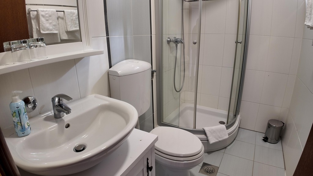 Salle de bains avec douche et lavabo - carrelage clair