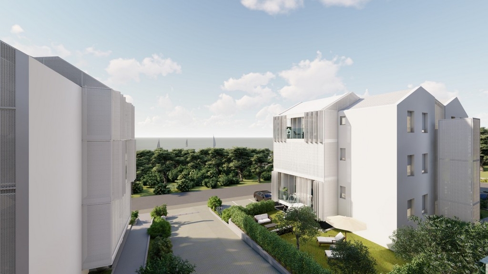 Vue mer depuis les étages supérieurs des appartements.