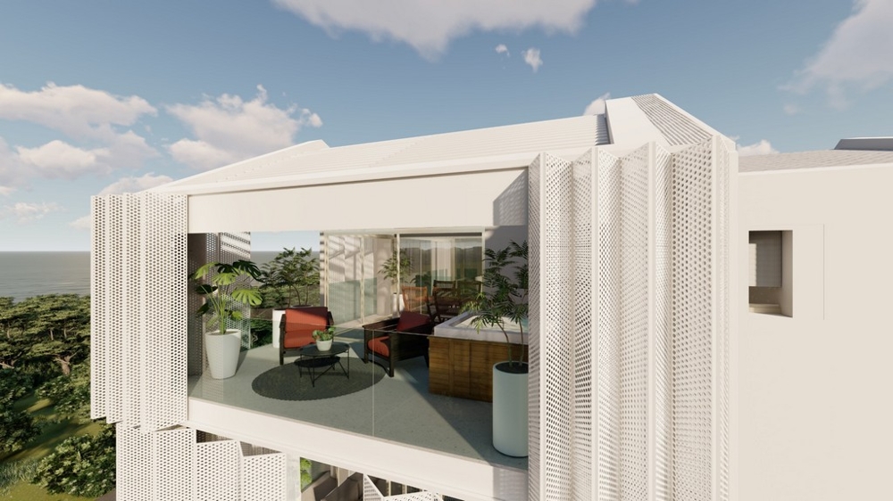 Visualisation de la loggia avec fauteuils derrière des persiennes à lames