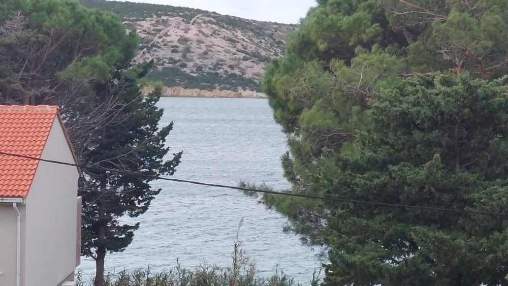 Des pins encadrent la vue sur l'eau et le versant rocheux